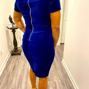 Blue suede Calvin Klein semi Formal dress off shoulder sleeves